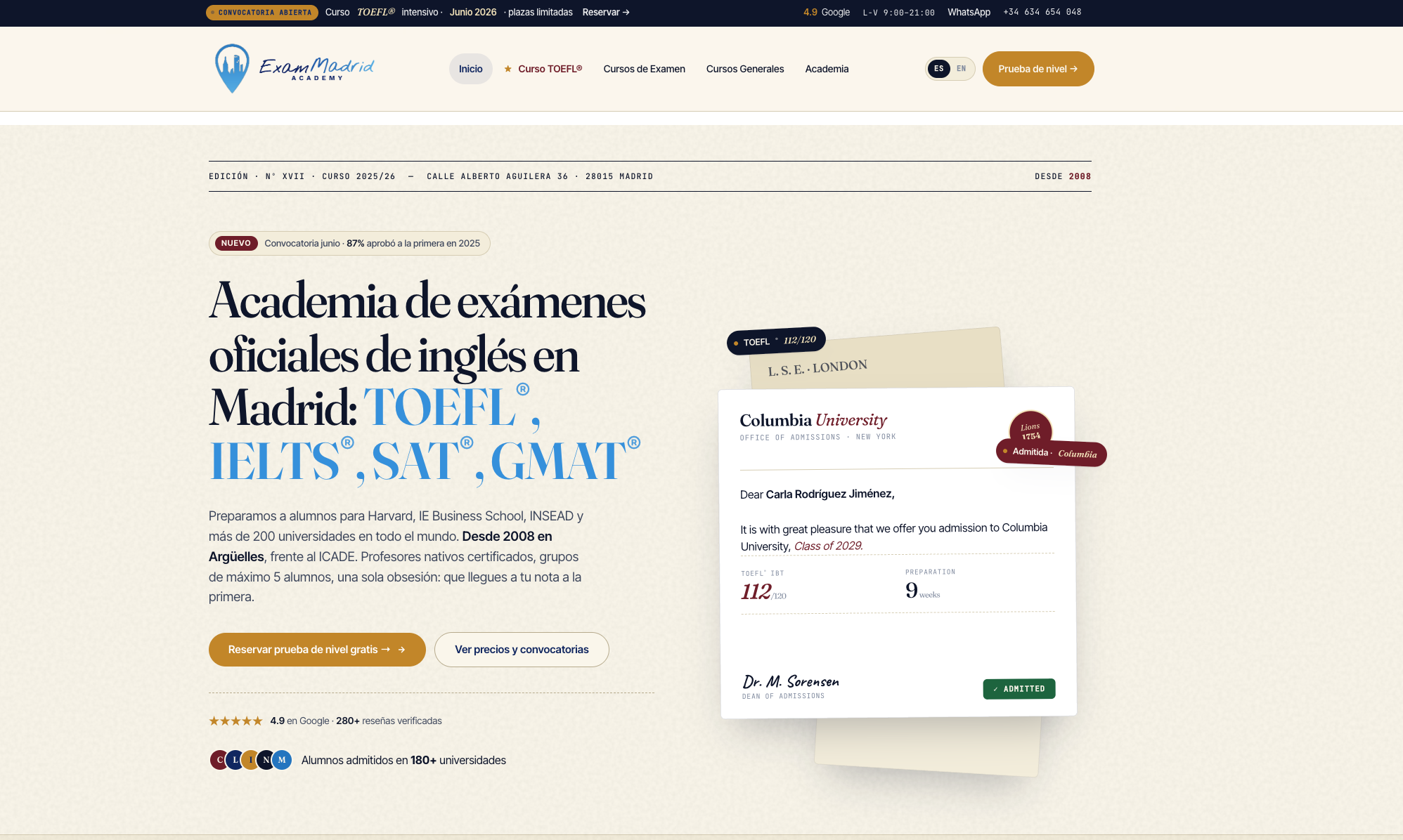 Exam Madrid Academy exam-prep landing pages ranking